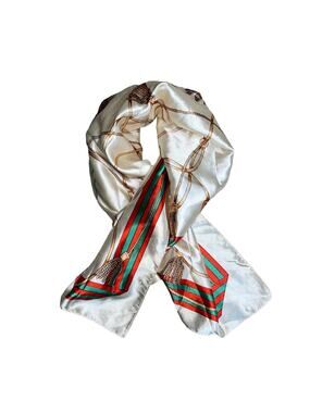 Red Green Cream Gold Tassel Print Scarf Women’s Size 36x36 in